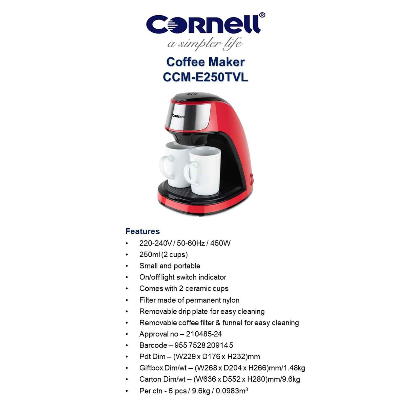 CORNELL Coffee Maker (250ml) - Red CCME250TVL - Image 6