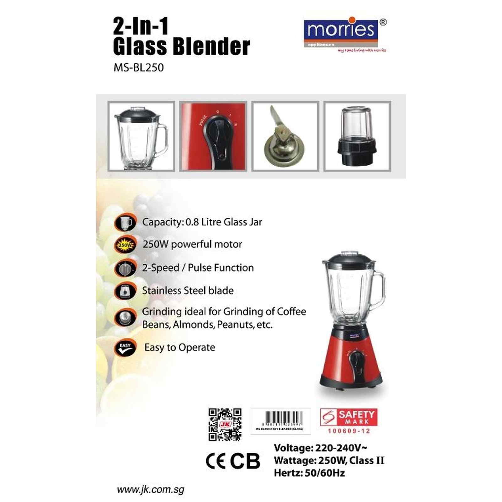 MORRIES 2 In 1 Glass Blender (0.8l) MS-BL250 - Image 3