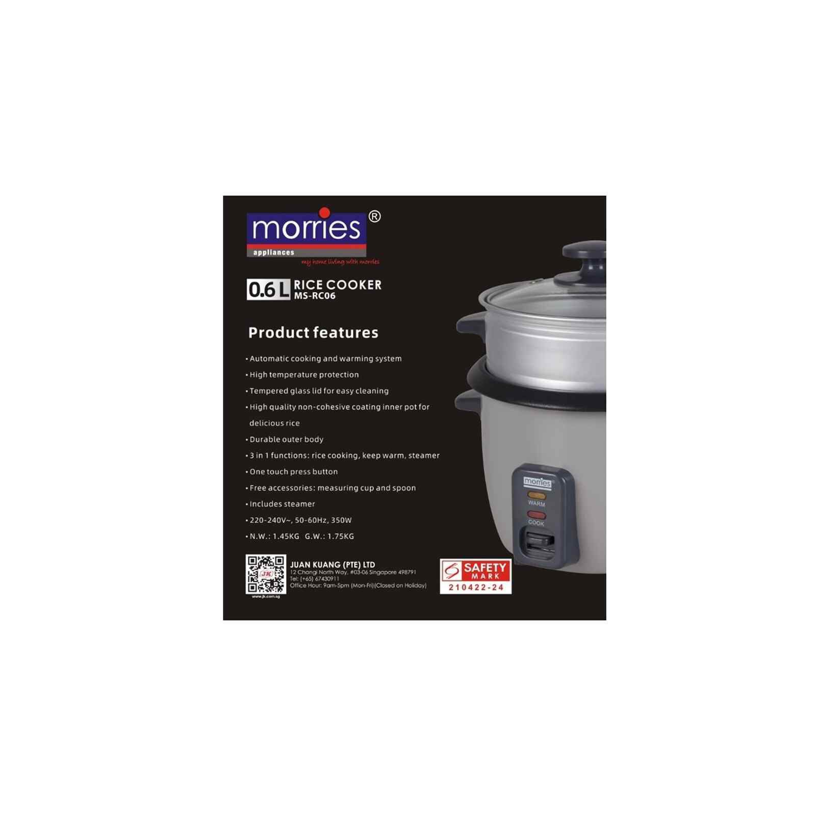 MORRIES Rice Cooker With Steamer (0.6l) MS-RC06 - Image 4