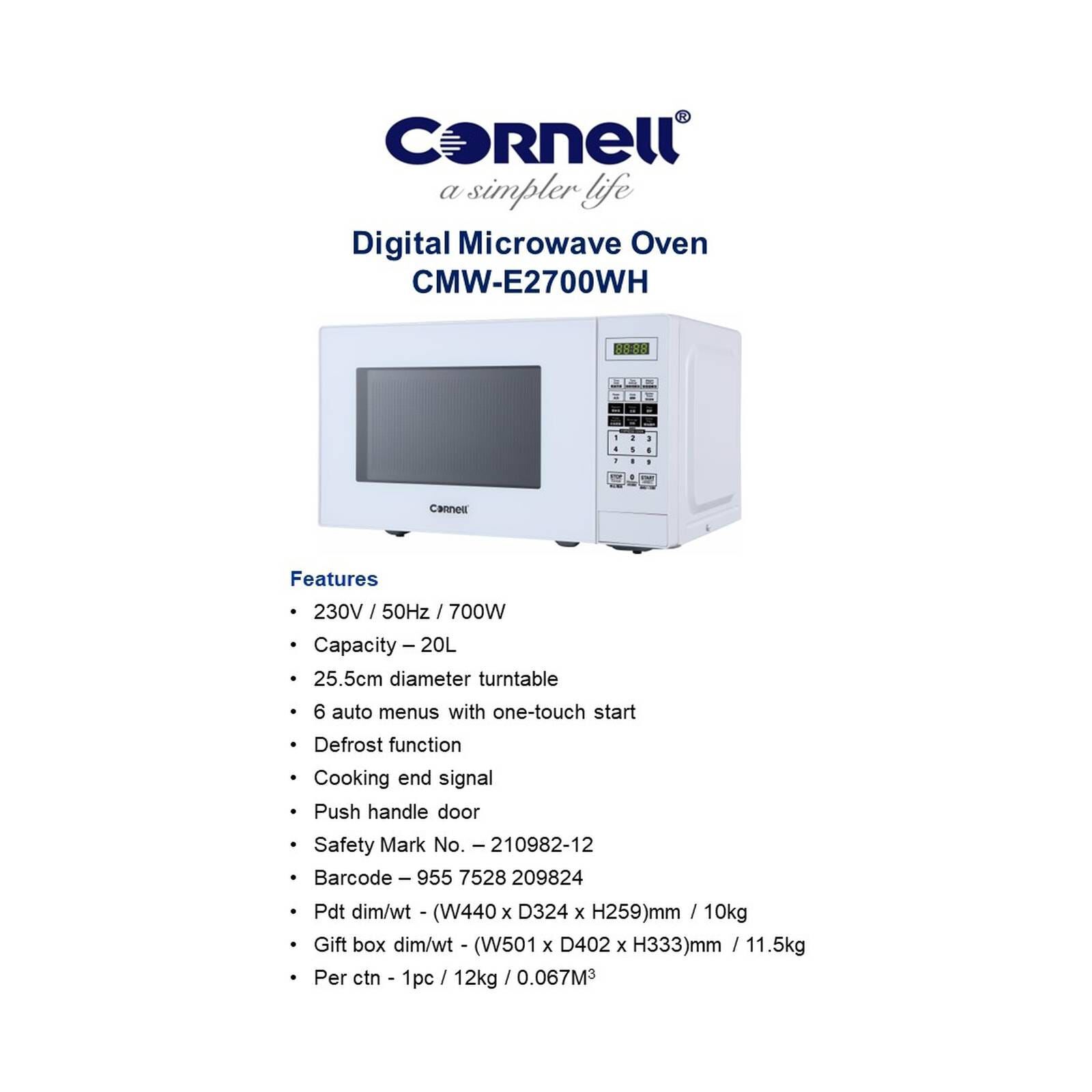 CORNELL Basic Microwave (20l) - White CMWE2700WH - Image 6