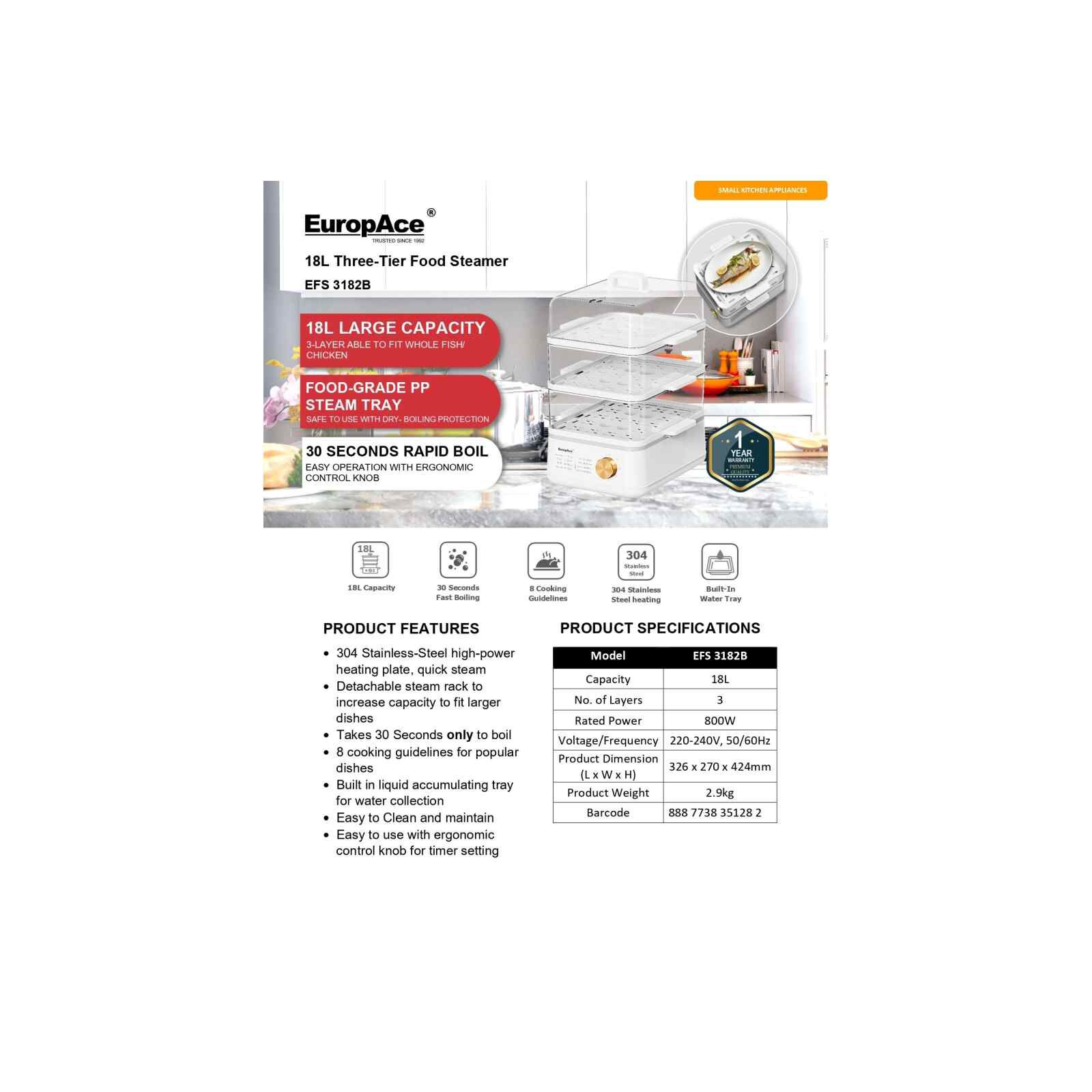 EUROPACE Three-tier Large Food Steamer (18l) EFS3182B - Image 3