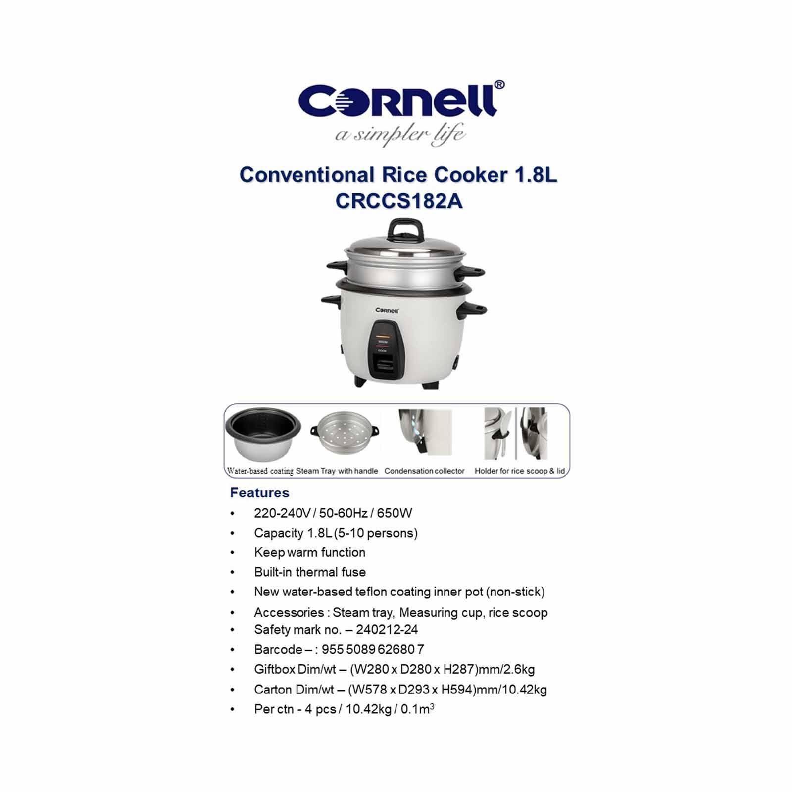 CORNELL Conventional Rice Cooker (1.8l) CRCCS182A - Image 6