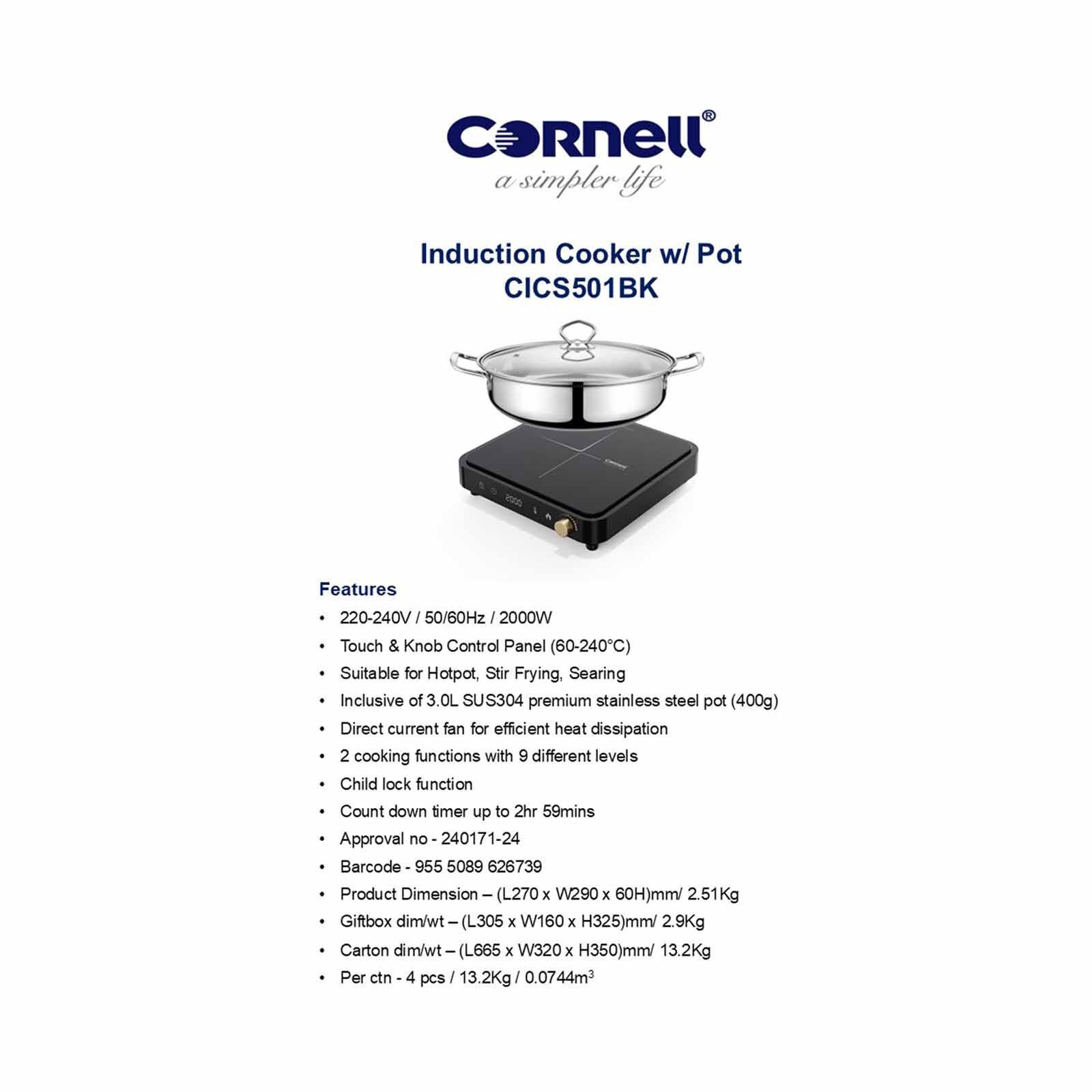 CORNELL Induction Cooker With Stainless Steel Pot CICS501BK - Image 5