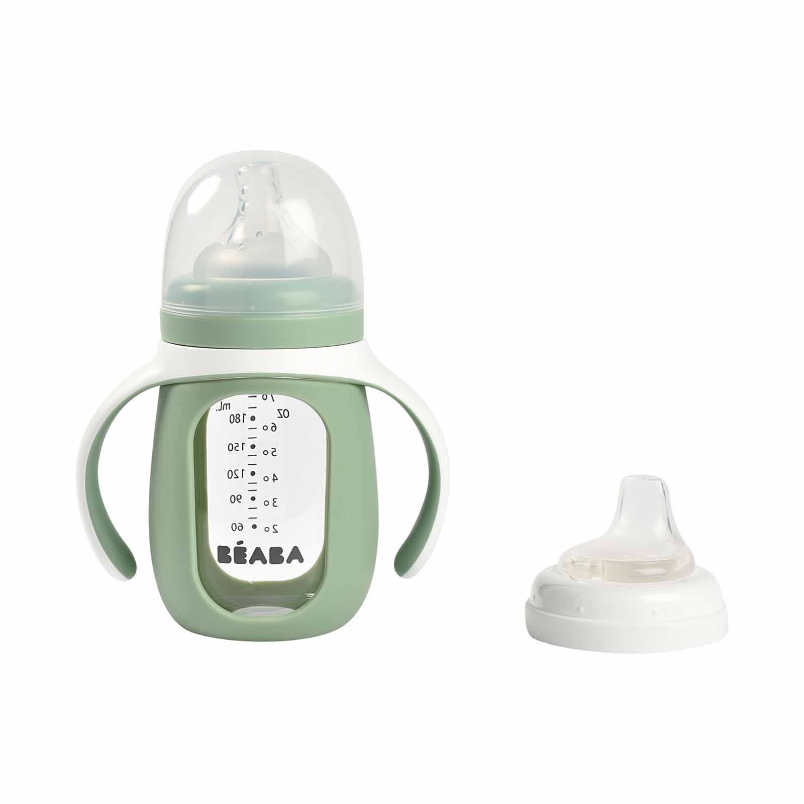 BEABA With Silicone Protective Sleeve 210ml - Sage Green/cotton (online) GLASS BOTTLE