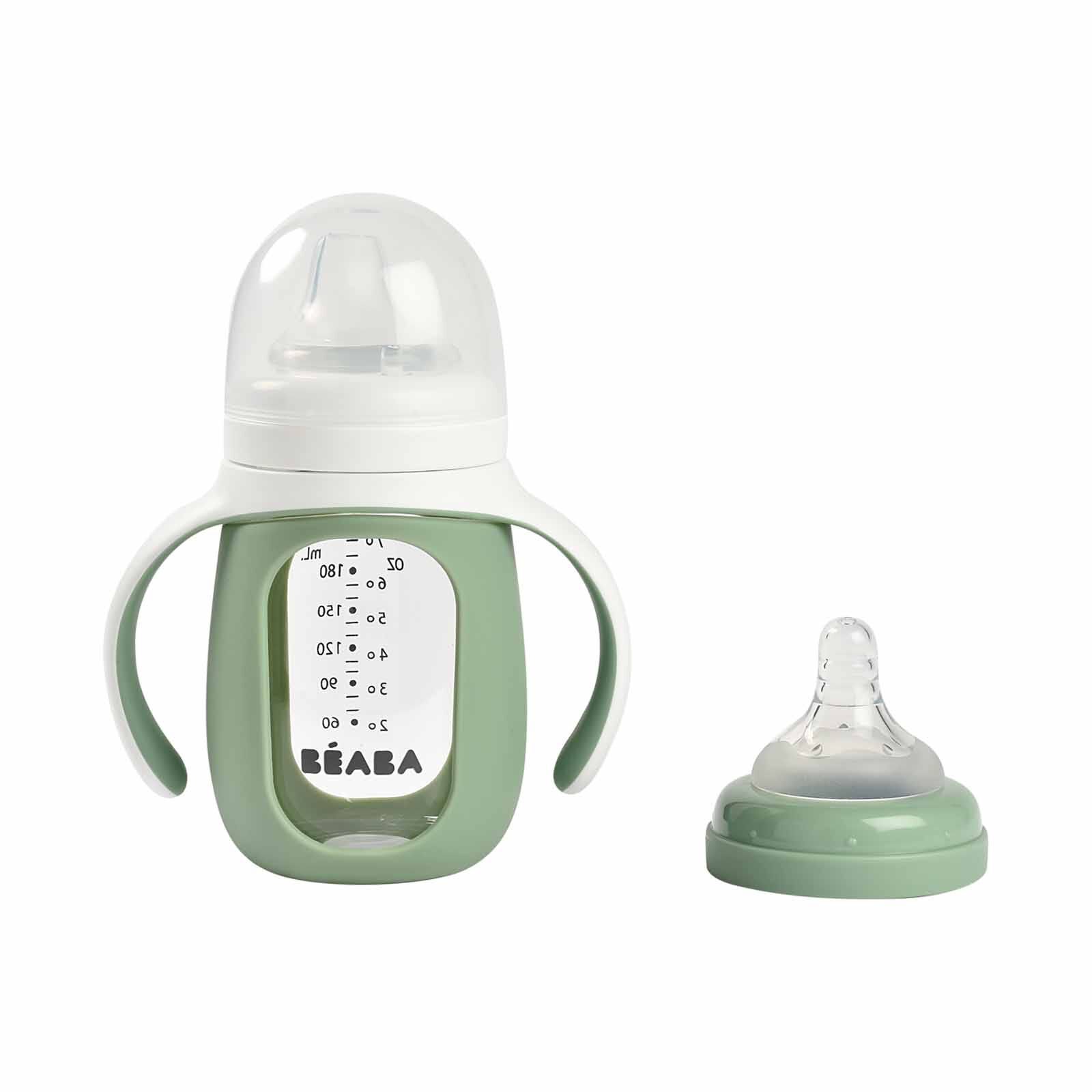 BEABA With Silicone Protective Sleeve 210ml - Sage Green/cotton (online) GLASS BOTTLE - Image 2