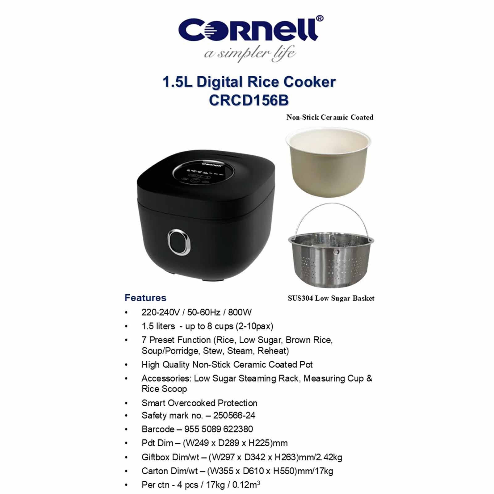 CORNELL Digital Rice Cooker With Low Sugar Basket (1.5l) CRCD156B - Image 5