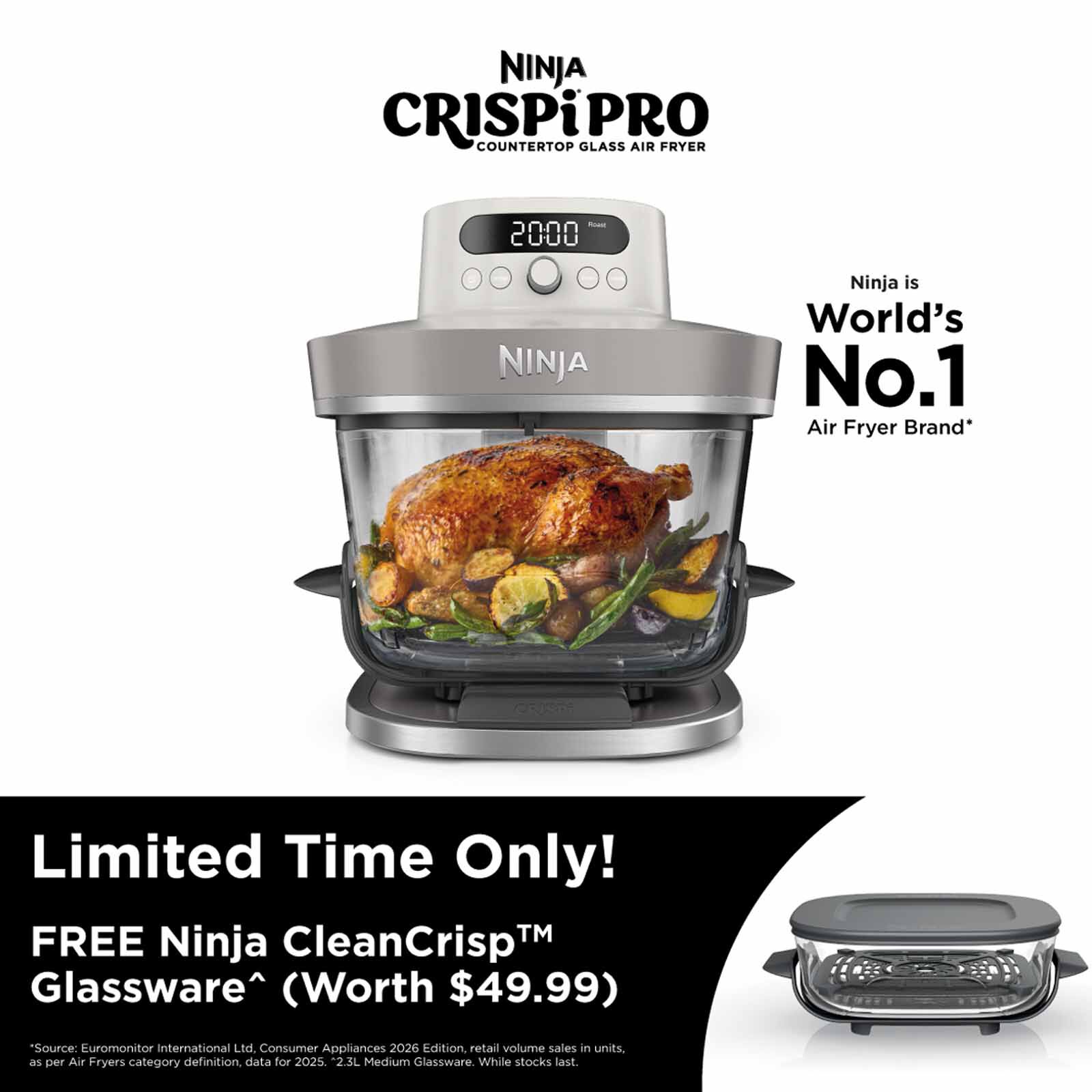 NINJA Crispi Pro Countertop Glass Air Fryer - Bone White AS101SMWH - Image 2